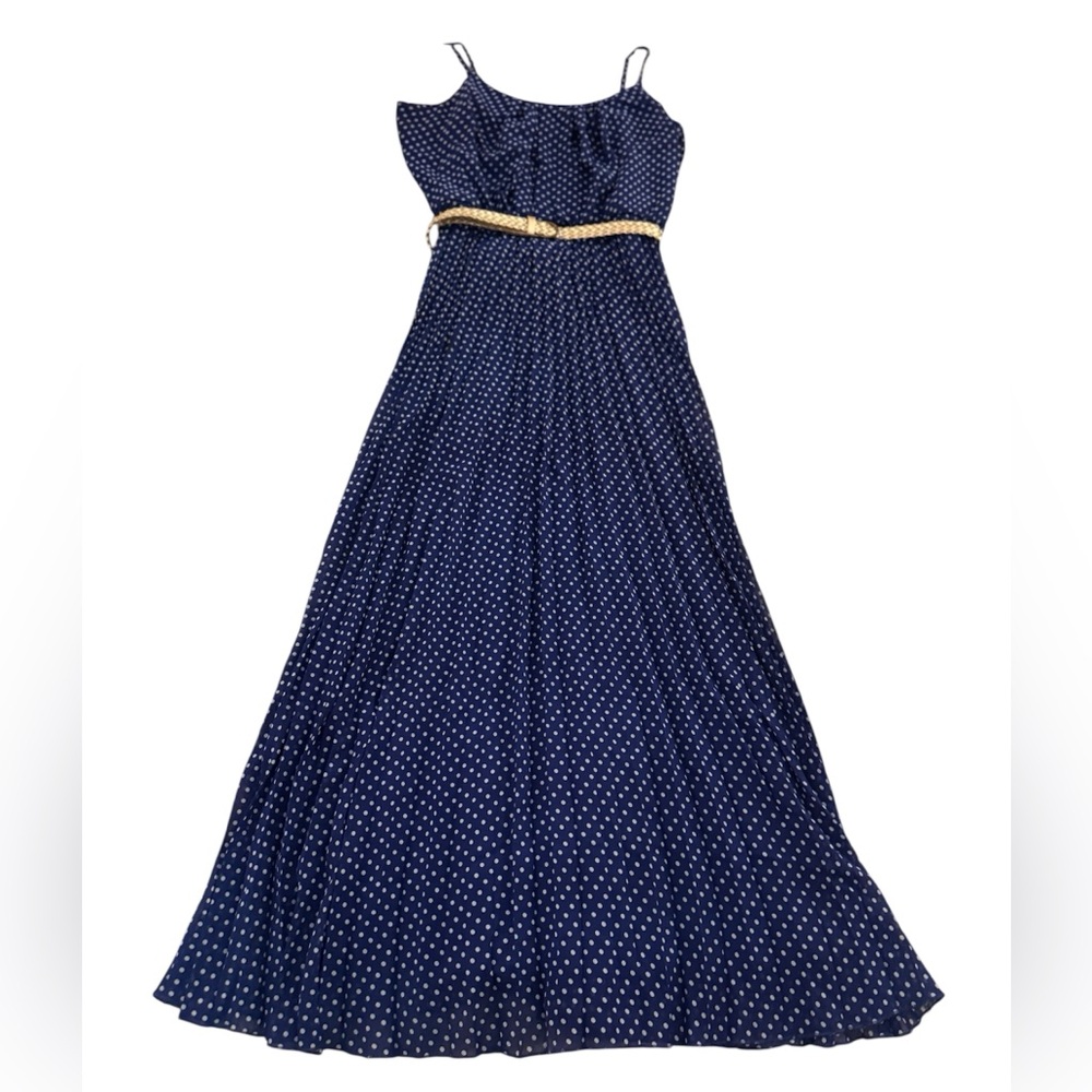 Navy Blue Polka Dot Dress with Gold Belt